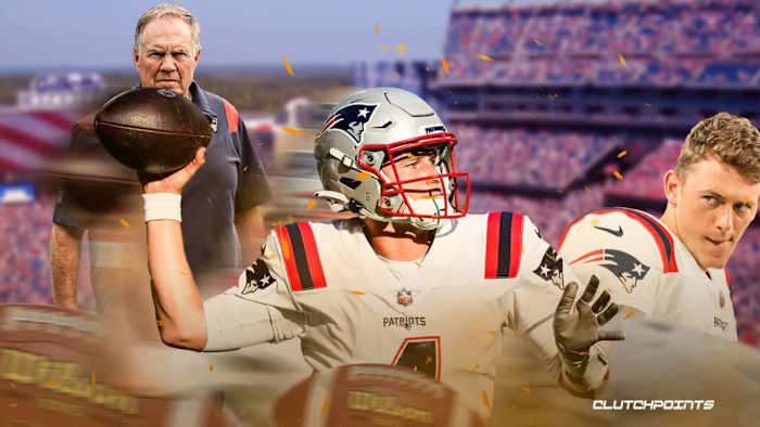 New England Patriots coach Bill Belichick (left), quarterback Bailey Zappe (middle), and Mac Jones (right).